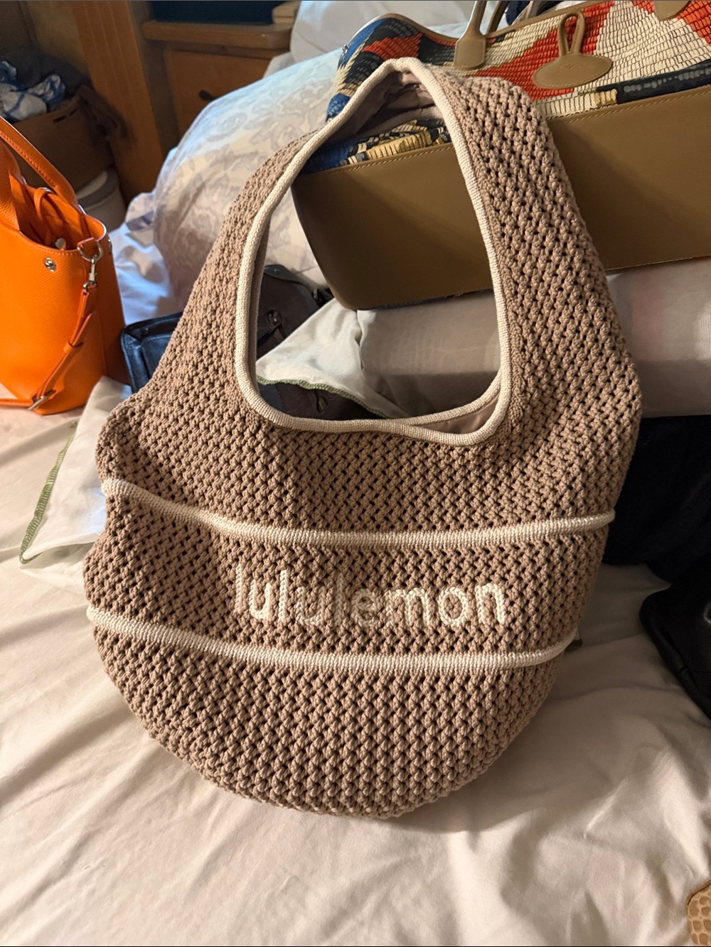 lululemon athletica Taupe Knit Shoulder Bag with Cream Trim